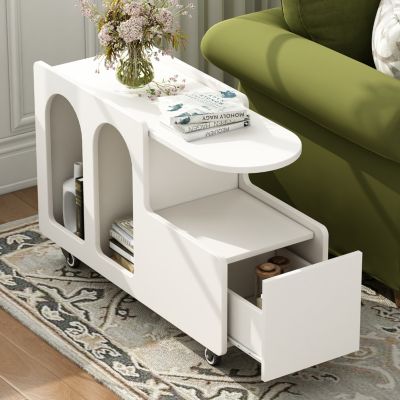 Streamdale White Mobile Side Table with Drawer and Shelves
