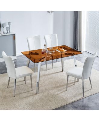 Table and chair set. Large modern rectangular table with brown glass top and silver metal legs. It comes with soft and comfortable PU seats, faux leather upholstered seats and silver metal legs.