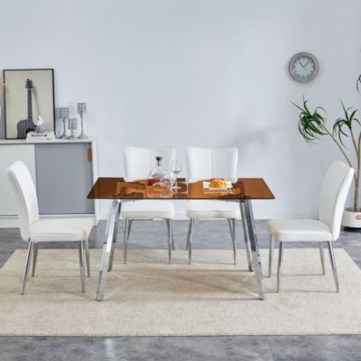 Table and chair set. Large modern rectangular table with brown glass top and silver metal legs. It comes with soft and comfortable PU seats, faux leather upholstered seats and silver metal legs.