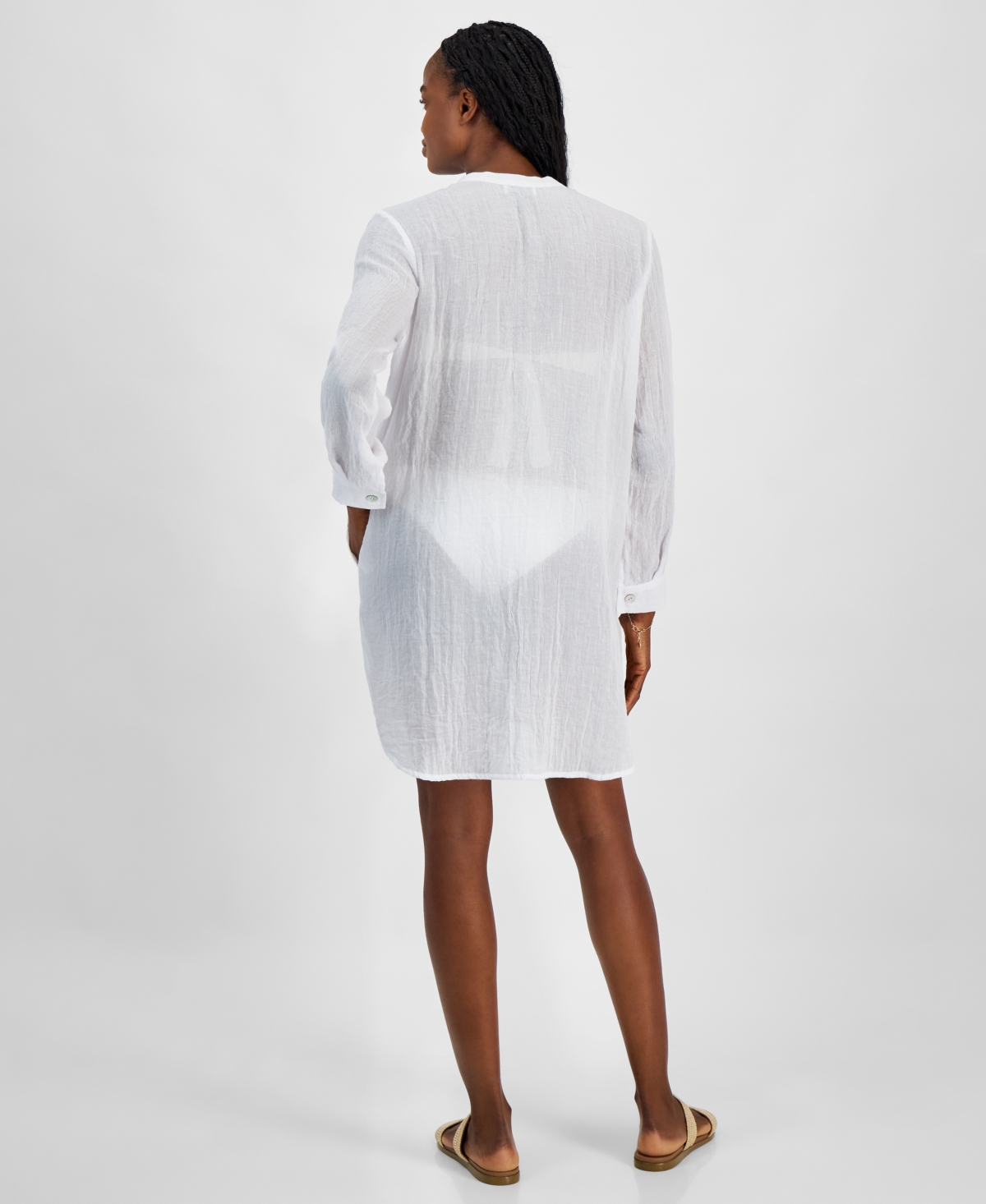 J Valdi Women's Big Shirt Button-front Long-sleeve Swim Cover-up In White