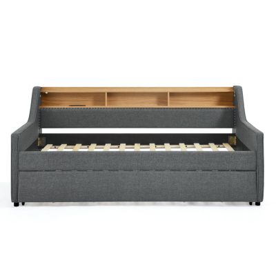 Twin Size Upholstery Sofa Bed with Three LED lights, with Storage Adjustable Headboard, with Foldable Leg Pull up Trundle Bed and Wireless Charging, Linen Padded Sofa Bed frame, Grey