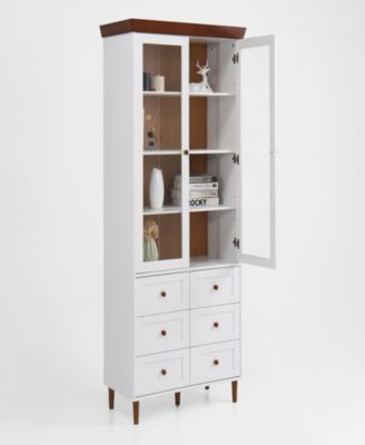 White MDF Display Cabinet with Glass Doors and Adjustable Shelves
