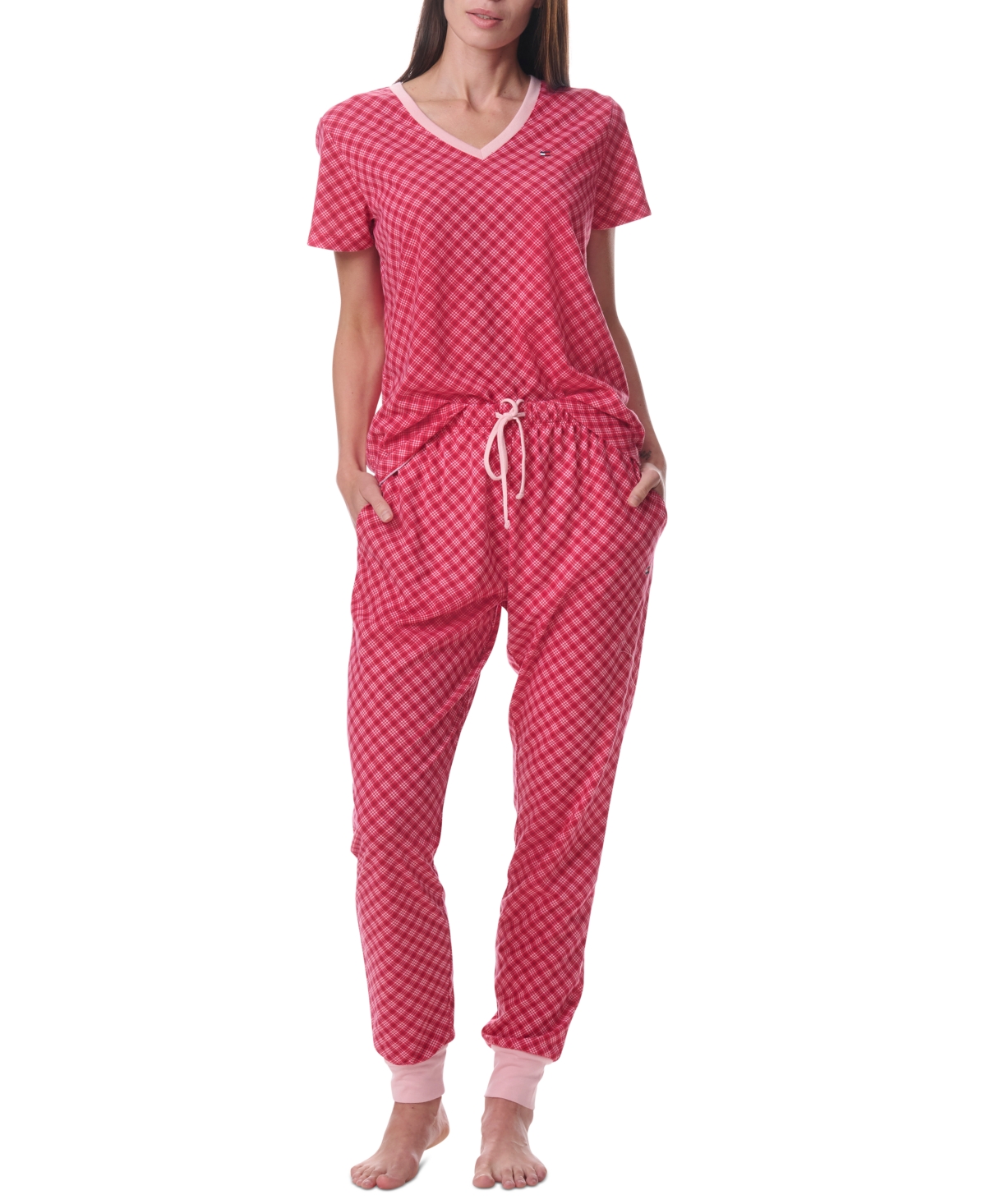 Tommy Hilfiger Women's Printed Short-sleeve Tee & Jogger Set In Vday Plaid Tango Red