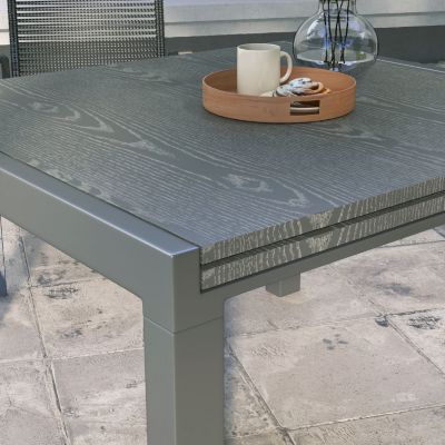 Extendable Outdoor Dining Table, 41"- 83" Aluminum Frame Patio Table with Wood Effect Steel Top, Rectangle Expandable Patio Table for 6-8, Dark Gray