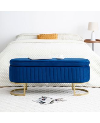Storage Bench Bedroom Bench, Velvet Oval Upholstered End of Bed Bench with Golden Metal Legs,50" Modern Storage Ottoman Bench for Bedroom, Living Room, Entryway, Window, Blue