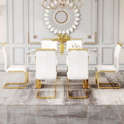 Simplie Fun Table and chair set, rock plate table top, gold metal table legs, stable and beautiful, suitable for most home styles. Modern simple dining table, comfortable seating
