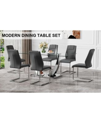 Table and chair set.Contemporary, minimalist rectangular dining table featuring a clear tempered glass top and sleek silver legs. Paired with chairs made of PU material cushion and silver metal legs.