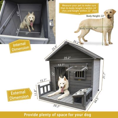Streamdale Spacious Solid Wood Dog House with Terrace & Bowl