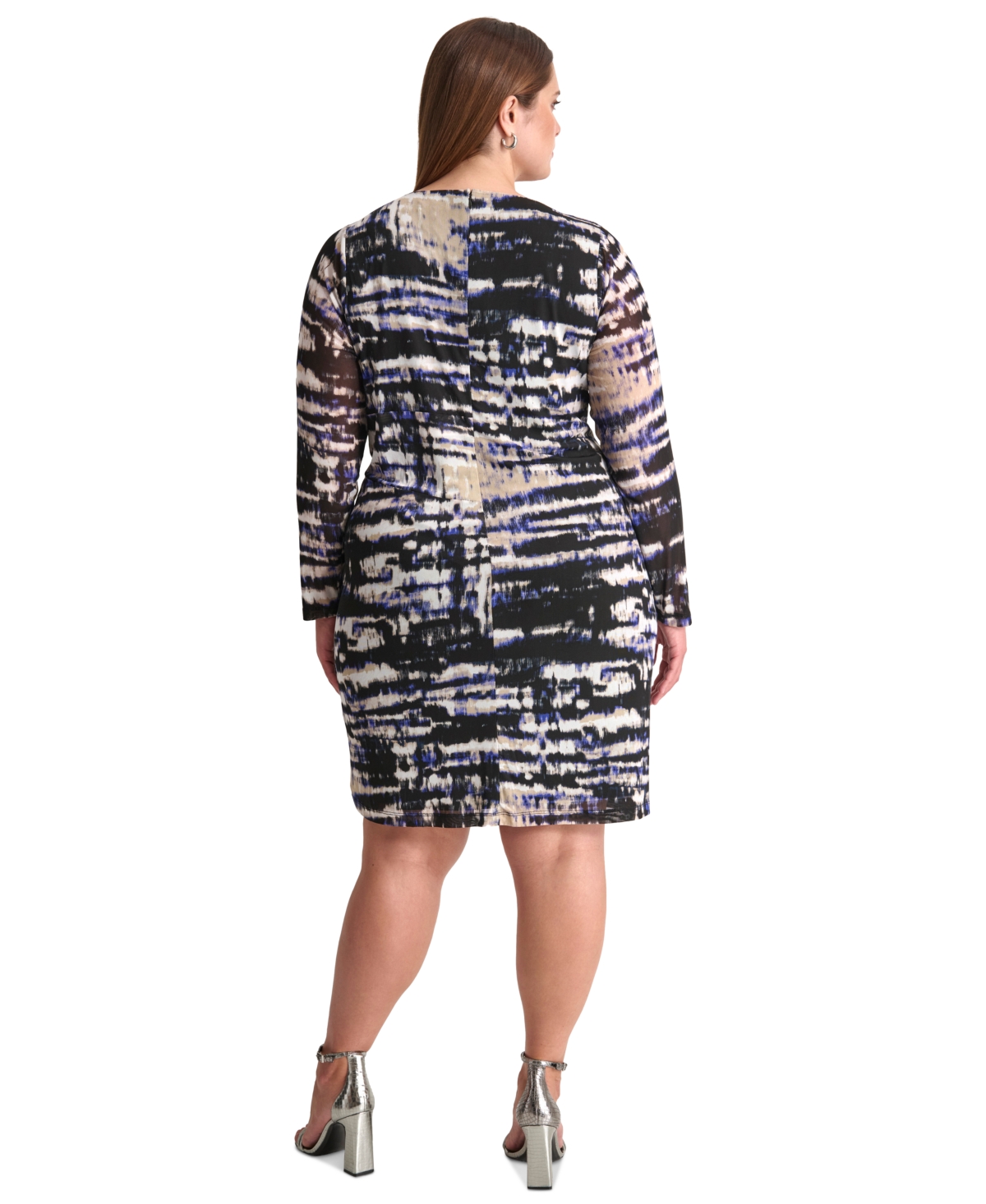 Dkny Plus Size Printed Side-Ruched Long-Sleeve Mesh Dress -Blue