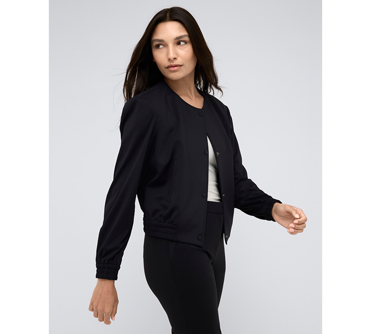 Shop Kenneth Cole Women's Collarless Athletic Stretch Bomber Jacket In Black