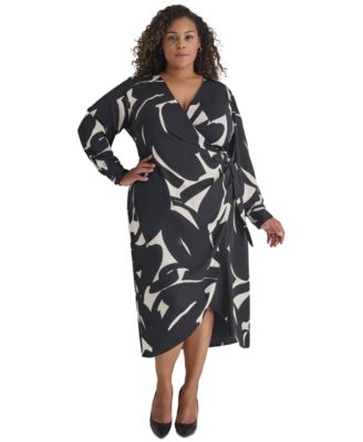 DKNY - Plus Size Printed Side-Wrap Long-Sleeve Midi Dress
