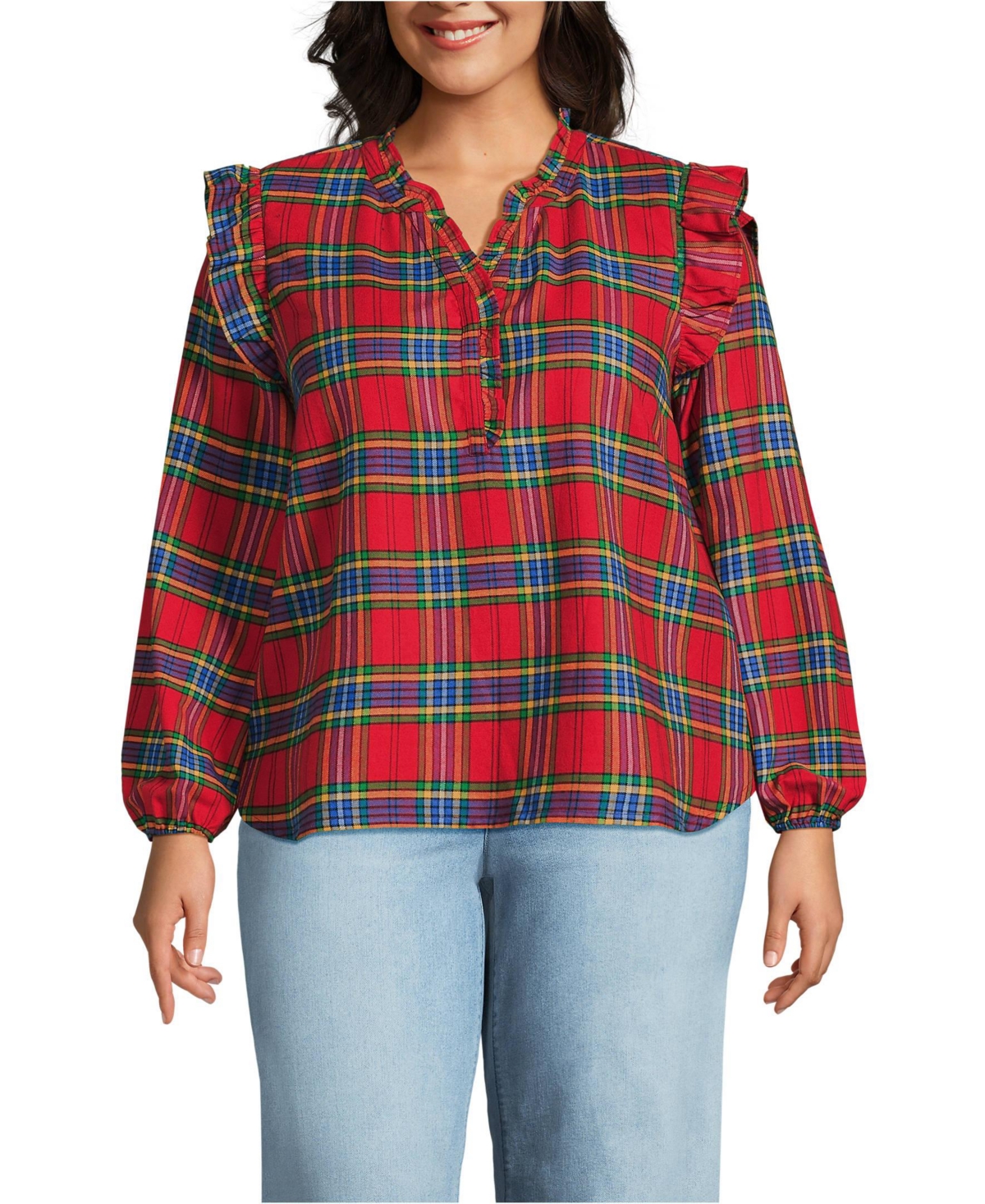 Lands' End Plus Size Ruffle Front Flannel Popover Blouse -nautical blue plaid