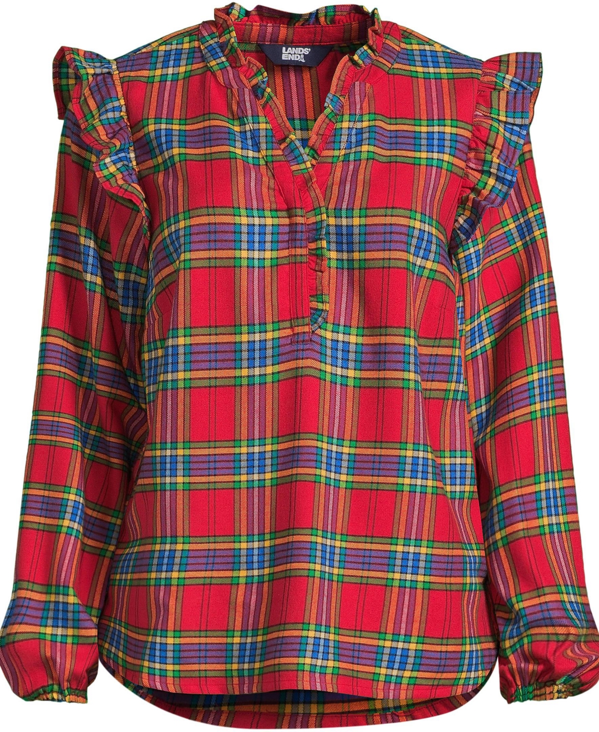 Lands' End Plus Size Ruffle Front Flannel Popover Blouse -nautical blue plaid