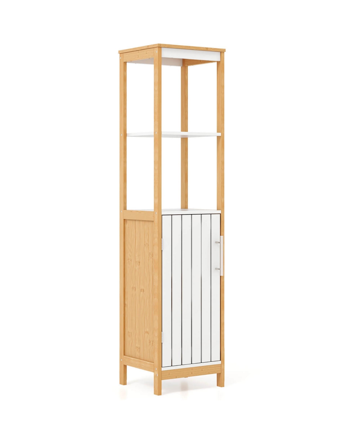 Gymax Tall Bathroom Floor Cabinet Bamboo Bathroom Storage w/Adjustable Shelf &Cupboard - White + natural