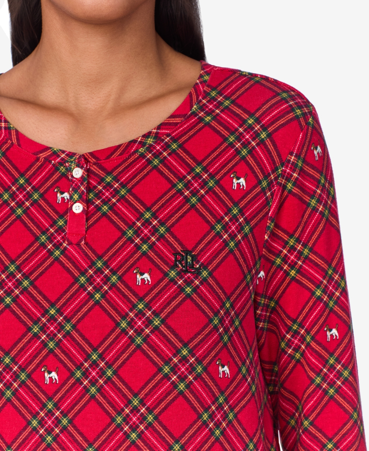 Ralph Lauren Lauren  Long Sleeve Henley Nightgown In Red Plaid