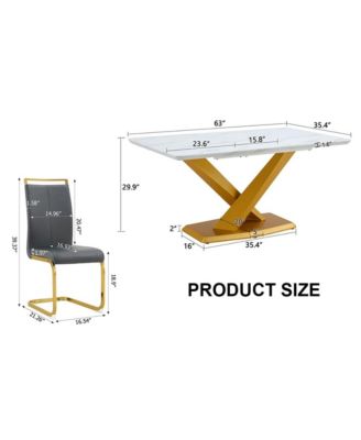 Table and chair set, The table is equipped with a marble patterned MDF tabletop and gold table legs.The chair is equipped with PU synthetic leather high back cushion and gold coated metal legs.