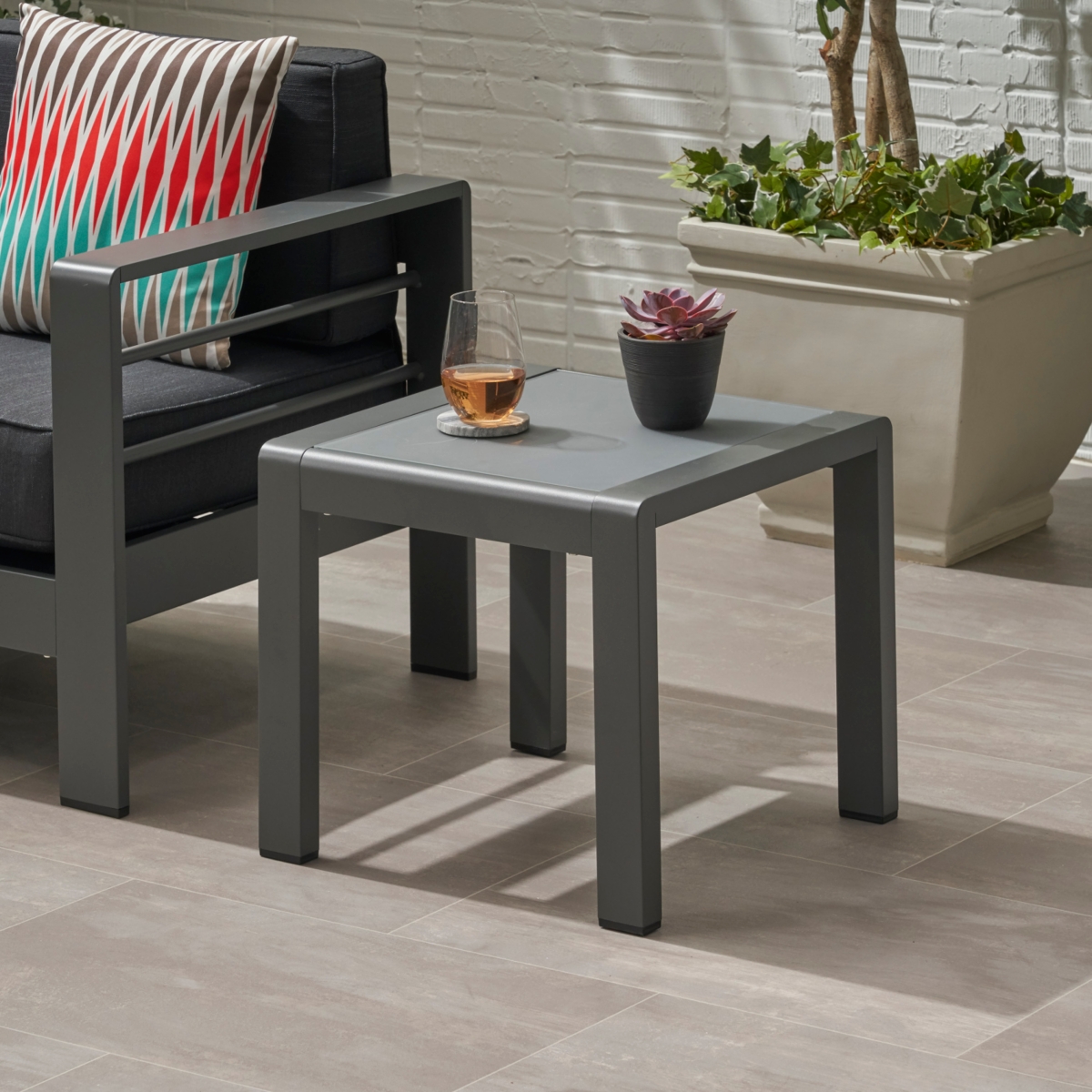 Streamdale Stylish Aluminum End Table With Frosted Glass Top For Outdoor Seating