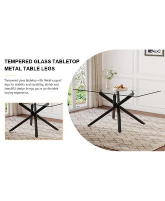 Table and chair set.Modern Rectangular Glass Dining Table with 0.39" tempered Glass Tabletop and Black Metal Legs.Paired with multiple chairs designed with PU cushions and black metal legs.