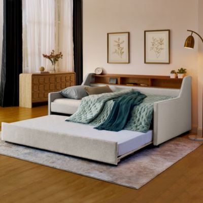 Twin Size Upholstery Sofa Bed with Three LED lights, with Storage Adjustable Headboard, with Foldable Leg Pull up Trundle Bed and Wireless Charging, Linen Padded Sofa Bed frame, Beige