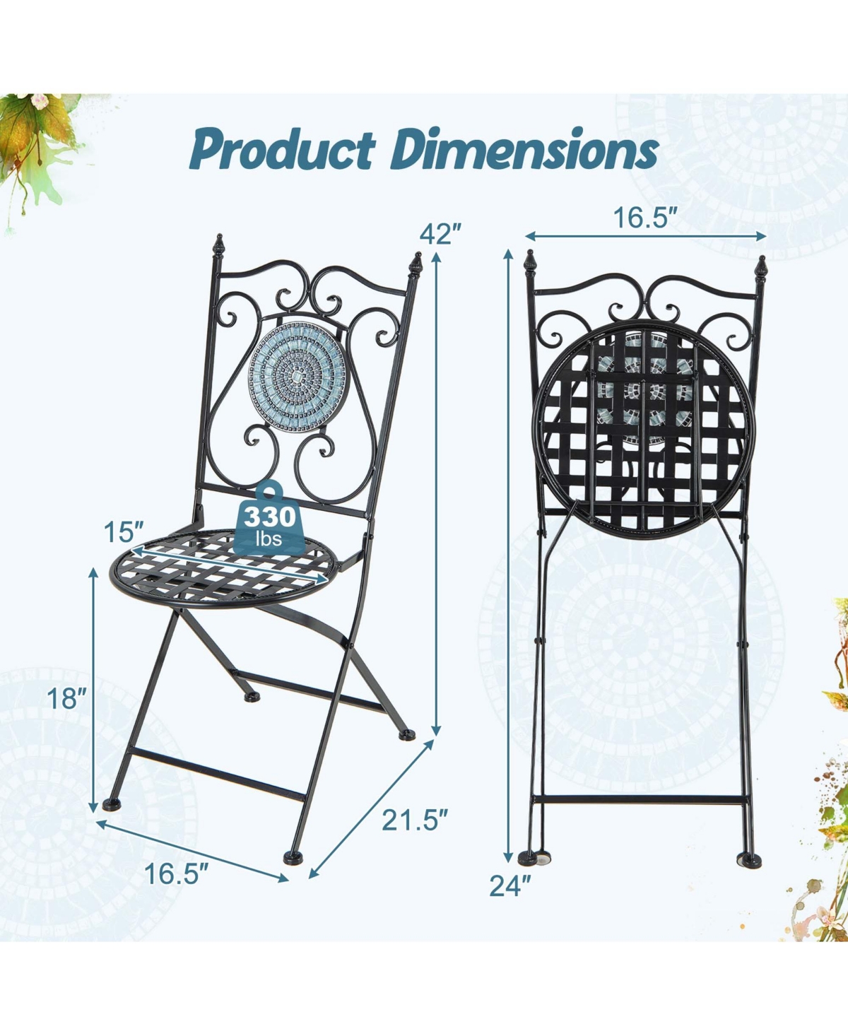 Costway Set of 2 Mosaic Chairs for Patio with Decorative Backrest Heavy-Duty Frame
