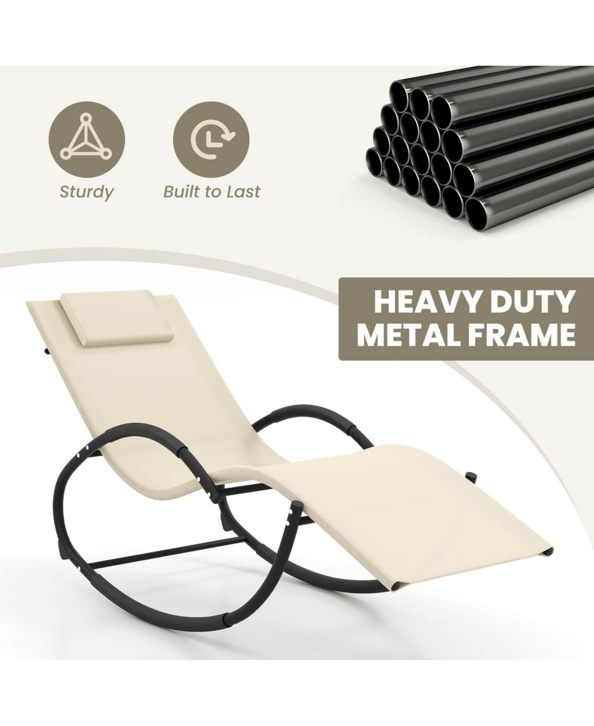 Pcs Outdoor Rocking Lounge Chair with Removable Headrest Breathable Backrest & Seat