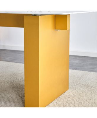 Simplie Fun Table and chair set.Large modern rectangular table with 0.4 inch patterned glass tabletop and large MDF table legs.Comes with 6 chairs with faux leather cushioned seats and golden metal legs