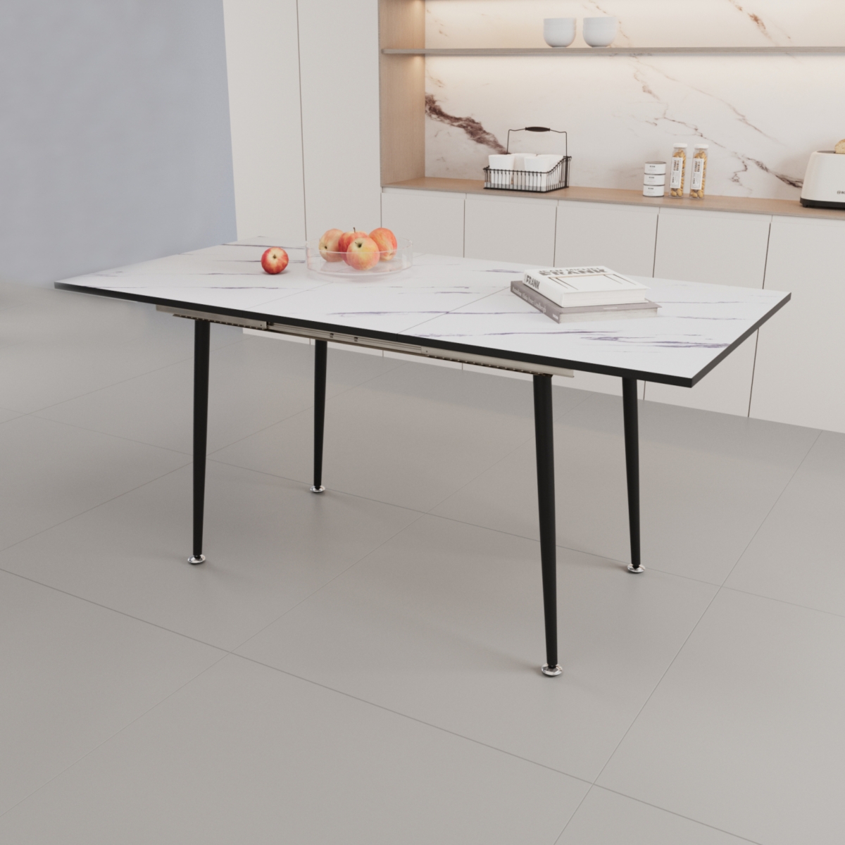 Simplie Fun 63" Mdf square white marble pattern stretchable dining table, modern industrial kitchen and dining table, equipped with tapered black meta