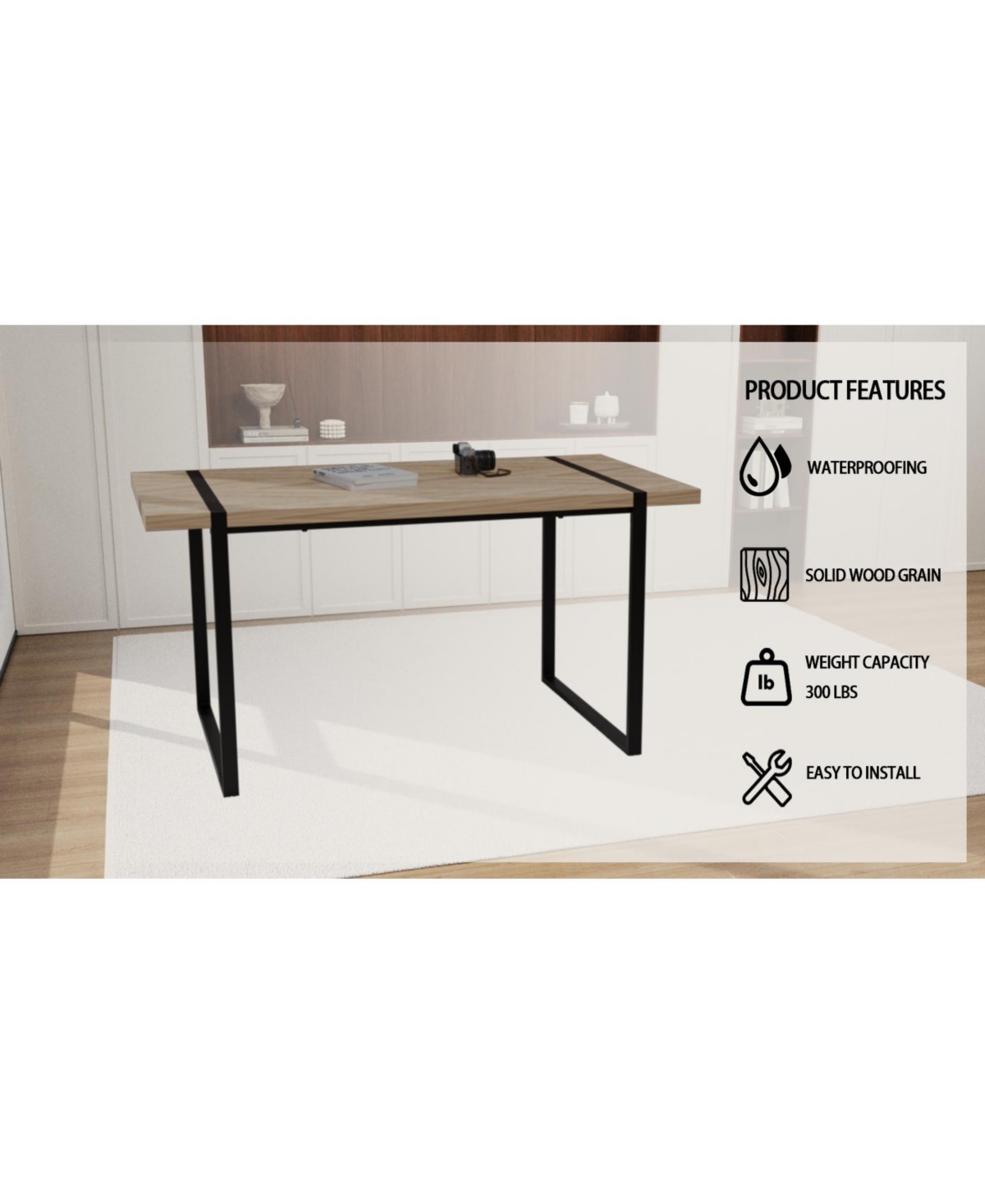 Streamdale Furniture 59" rural industrial rectangular Mdf light wood dining table, 4-6 people, 1.5" thick engineering wood tabletop and black rectangu