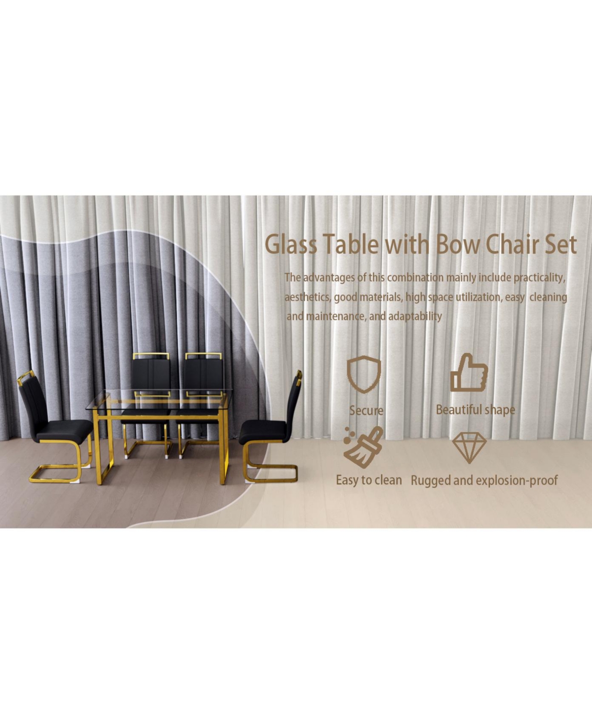 Streamdale Furniture 51 inch Glass Dining Table Set for 4, Dining Table & Chair Sets with Golden Plating Legs for Kitchen, Modern Rectangle Tempered G