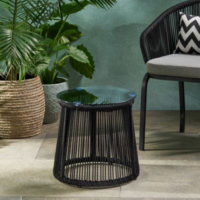 Streamdale Modern Moonstone Rope-Wrapped Side Table With Tempered Glass Top