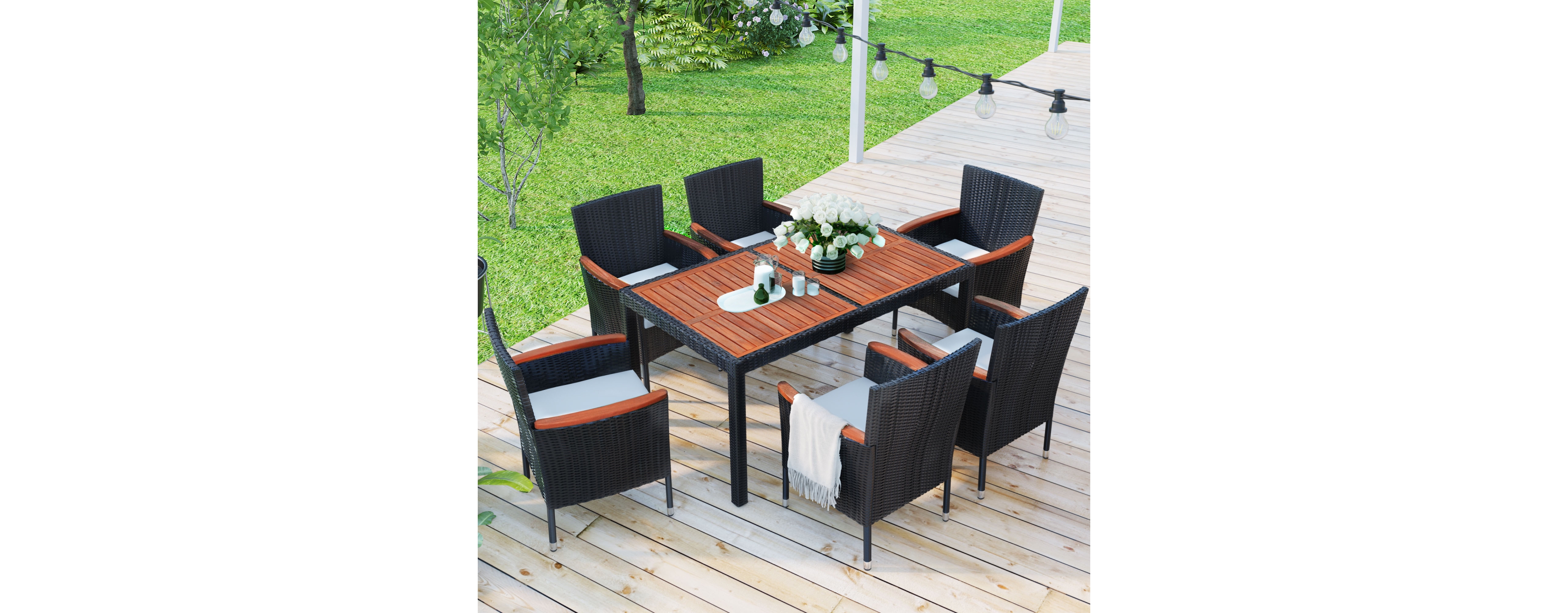 7-Piece Outdoor Patio Dining Set, Garden Pe Rattan Wicker Dining Table and Chairs Set, Acacia Wood Tabletop, Stackable Armrest Chairs with Cushions, R