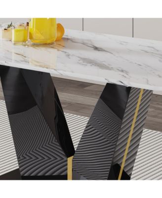 Table and chair set, white imitation marble texture glass tabletop, black MDF table legs, stable and beautiful. Modern simple dining table, comfortable seating.