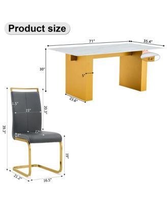 Table and chair set.Large modern rectangular table with 0.4 inch patterned glass tabletop and large MDF table legs.Comes with 8 chairs with faux leather cushioned seats and golden metal legs.