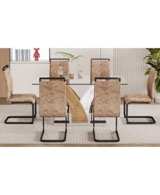 Table and chair set.Modern dining table, tempered glass countertop with artistic MDF legs.Paired with 6 comfortable chairs with PU seats and metal legs. Suitable for various decoration styles.