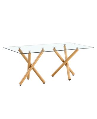 Simplie Fun Large Modern Minimalist Rectangular Glass Dining Table for 6-8 with 0.39" Tempered Glass Tabletop and Wood Color Metal Legs, for Kitchen Dining Living Meeting Room Banquet hall