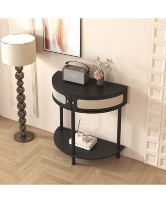 Semicircle Sofa Side Table with Rattan Storage
