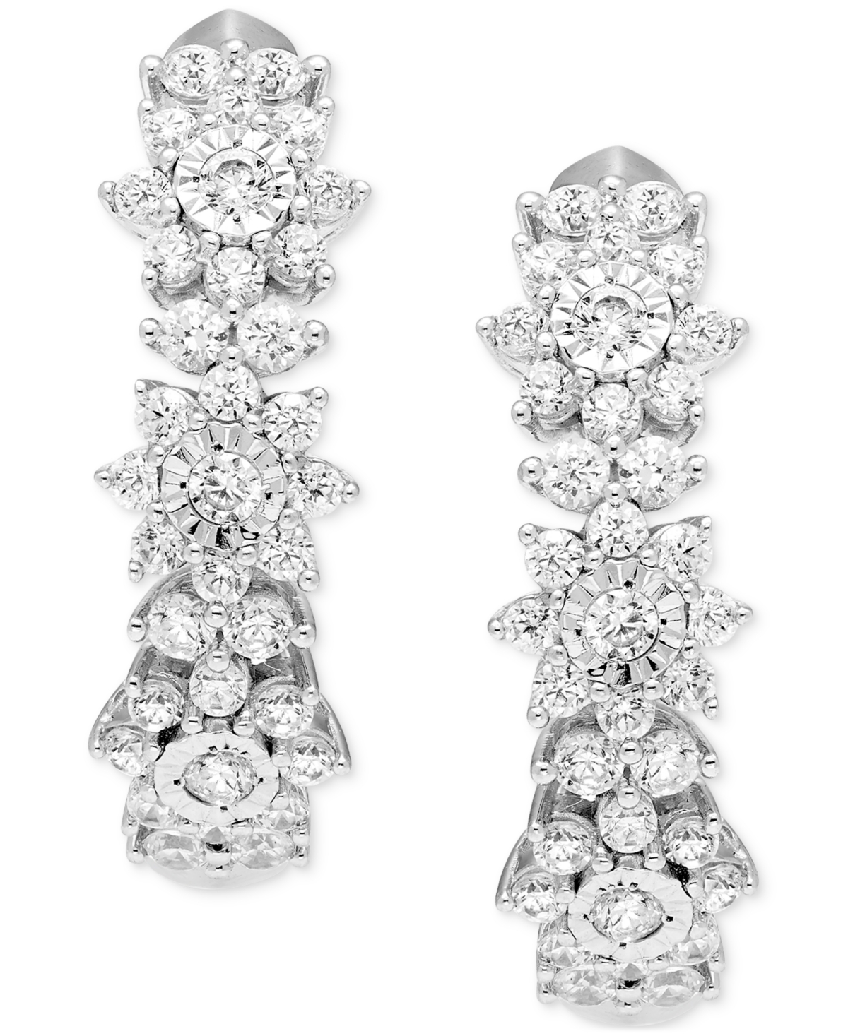 Macy's Diamond Flower Cluster Hoop Earrings (1 Ct. T.w.) In 10k White Gold In White Gold