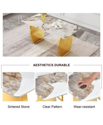 Simplie Fun Table and chair set, rock plate table top, gold metal table legs, stable and beautiful, suitable for most home styles. Modern simple dining table, comfortable seating