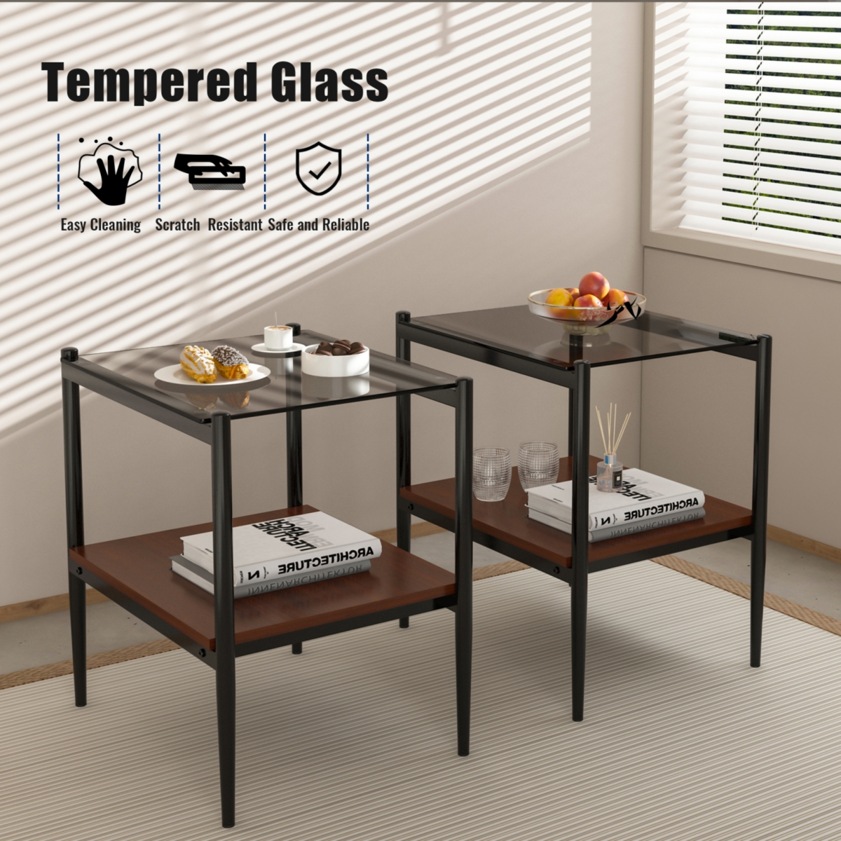 Streamdale Furniture Set of 2 Rectangle End Table, Tempered Glass Tabletop with Mdf layer, Modern Table for Living Room
