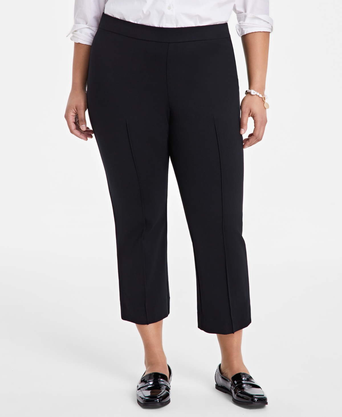 Women's Solid Ponte Mid-Rise Ankle Pants, Exclusively at Macy's - Deep Black
