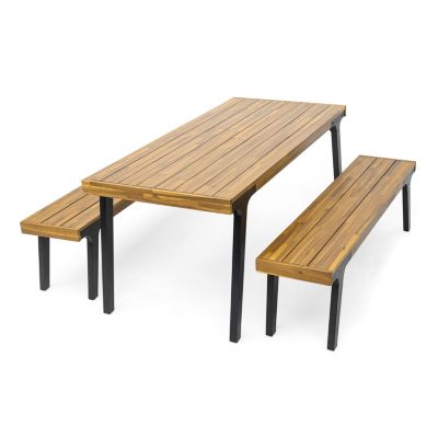  Acacia Outdoor Dining Set Table + 2 Benches