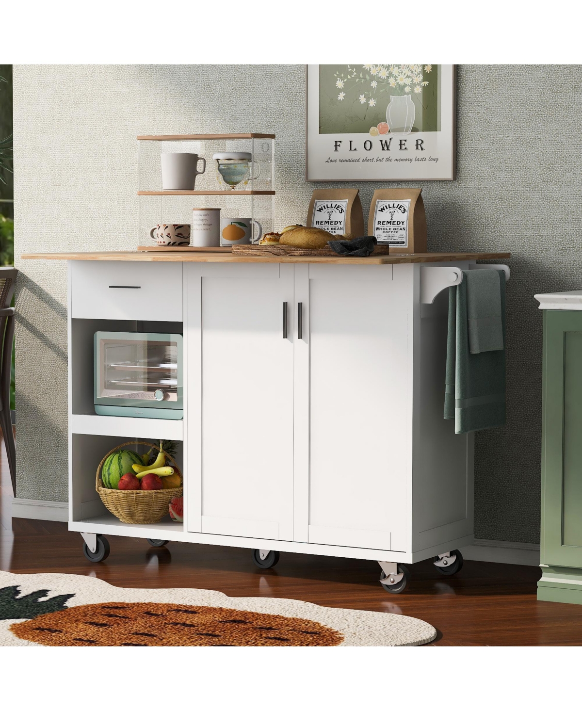 Simplie Fun Kitchen Island with Foldable Counter Top, Kitchen Storage Cart with Slide-Out Shelf, Towel Rack and Drawer, Rolling Kitchen Cart on Wheels