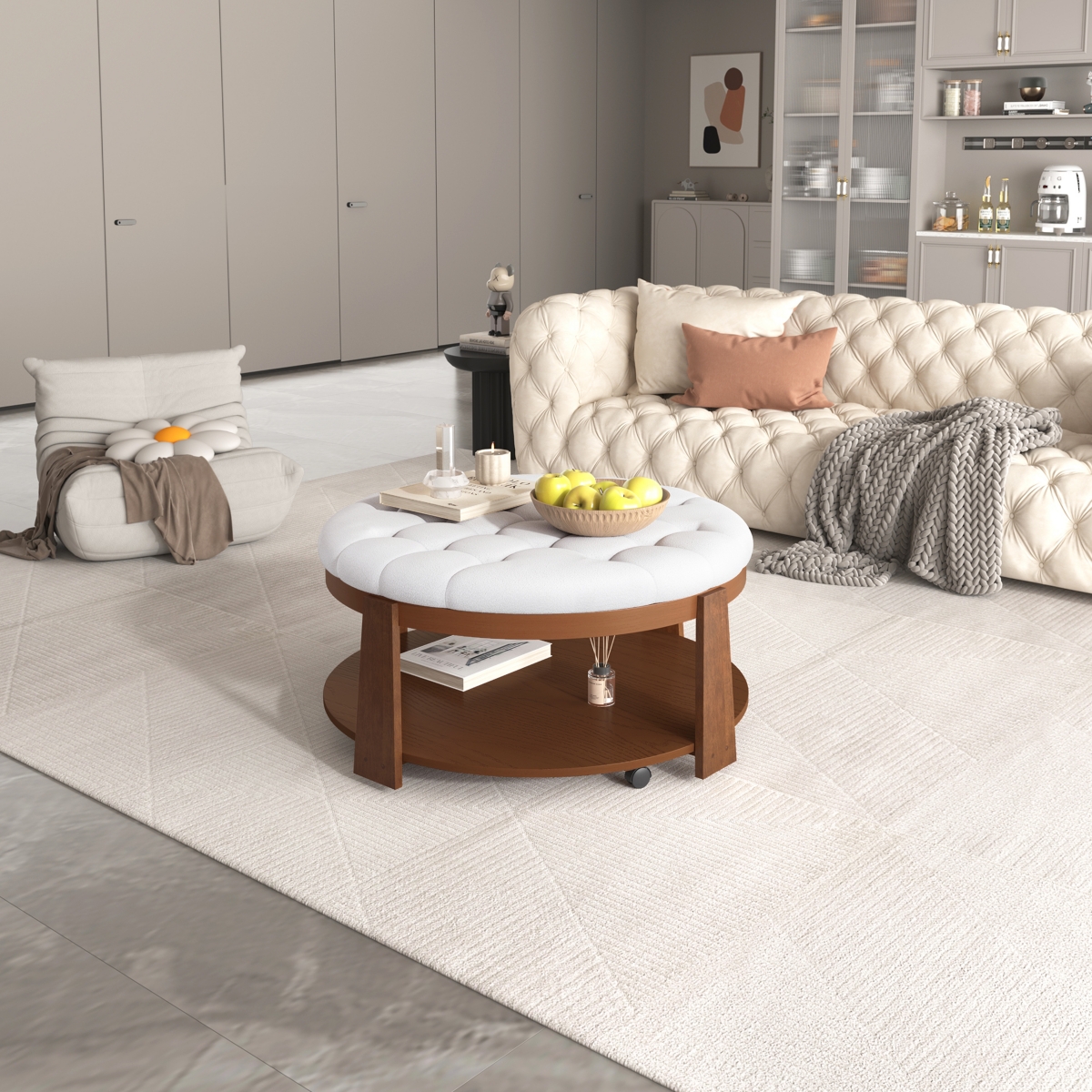 Streamdale Furniture Modern Large Round Ottoman Coffee Table 2-Tier Oversized Button Tufted Ottoman with Wood Shelf Storage Upholstered Coffee Table f