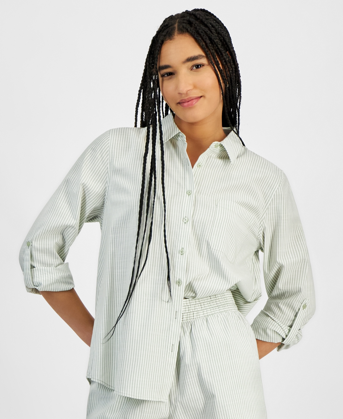 Hippie Rose Juniors' Button-front Long Sleeve Striped Shirt In Green Stripe