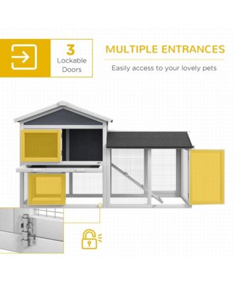 58" Rabbit Hutch, Wooden Bunny Hutch, Guinea Pig Cage, Small Animal Enclosure with Run Area, Removable Tray, Asphalt Roof, Lockable Doors and Ramp, Gray