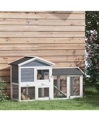 58" Rabbit Hutch, Wooden Bunny Hutch, Guinea Pig Cage, Small Animal Enclosure with Run Area, Removable Tray, Asphalt Roof, Lockable Doors and Ramp, Gray