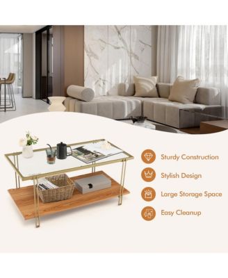 Coffee Table Rectangle Glass Top w/ Storage Shelf & Gold Steel Frame Living Room