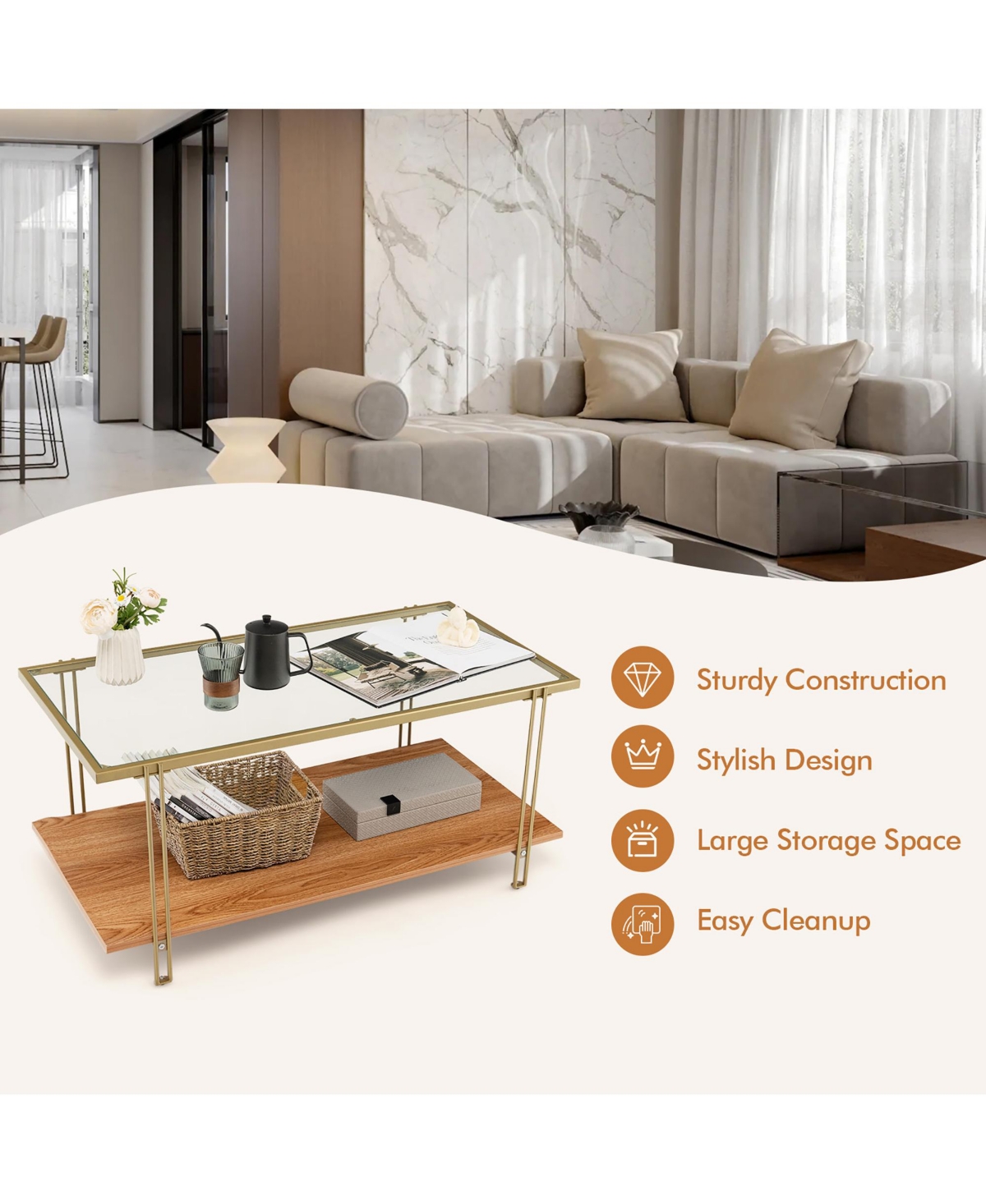 Gymax Coffee Table Rectangle Glass Top w/ Storage Shelf & Gold Steel Frame Living Room - Brown+gold
