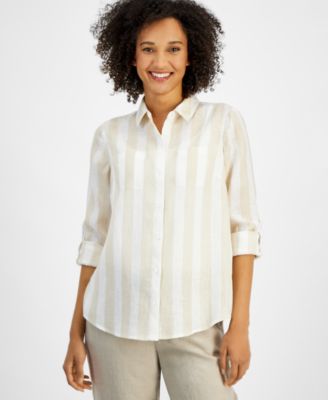 Charter Club - Women's Linen Striped Roll-Tab Shirt