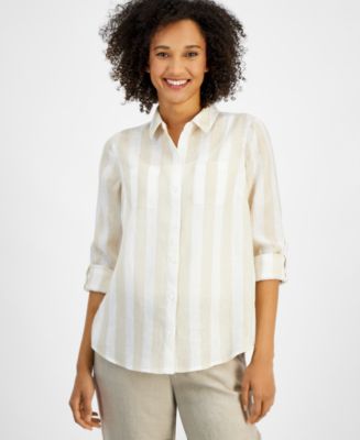 売れ筋商品|||チャータークラブ カットソー トップス レディース Women's Linen Striped Roll-Tab Shirt, Exclusively at Macy's Neutral Combo 30157557_fpx.tif?$filterlrg$&